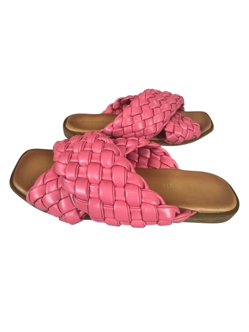Steve Madden Bubblegum Pink Woven Slide Sandals Square Toe Slip On Size 8.5